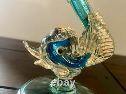 Vintage Arte Murano Style Hand Blown Glass Blue Gold Fish Vase Venezuela 1960s