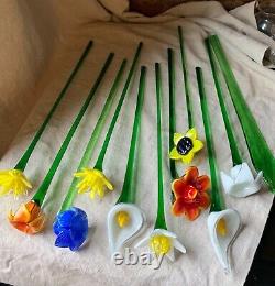 Vintage Assorted Murano Art Glass Long Stem Flowers Bouquet 19 Italian Venetian