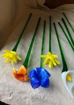 Vintage Assorted Murano Art Glass Long Stem Flowers Bouquet 19 Italian Venetian