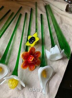 Vintage Assorted Murano Art Glass Long Stem Flowers Bouquet 19 Italian Venetian