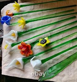 Vintage Assorted Murano Art Glass Long Stem Flowers Bouquet 19 Italian Venetian