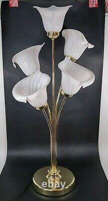 Vintage Brass Art Glass Hand Blown Calla Lilies Table Lamp 5 Shade Lamp 37 in