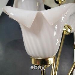 Vintage Brass Art Glass Hand Blown Calla Lilies Table Lamp 5 Shade Lamp 37 in