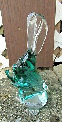 Vintage Cenedese Murano Sommerso Green Clear Hand Blown Glass Bunny Rabbit