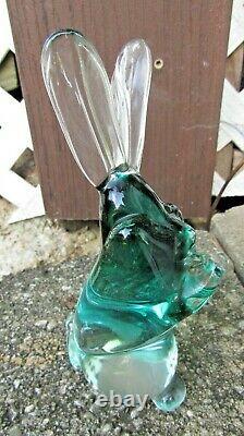 Vintage Cenedese Murano Sommerso Green Clear Hand Blown Glass Bunny Rabbit