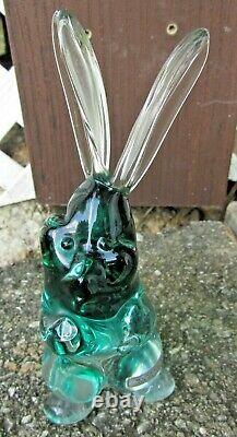 Vintage Cenedese Murano Sommerso Green Clear Hand Blown Glass Bunny Rabbit