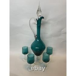 Vintage Empoli Teal Green Murano Hand Blown Italia Decanter & 4Glass Set 15.5T