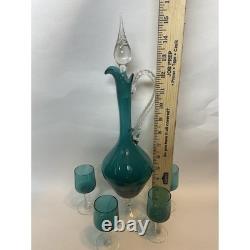 Vintage Empoli Teal Green Murano Hand Blown Italia Decanter & 4Glass Set 15.5T