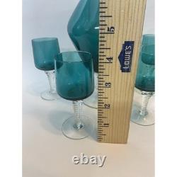 Vintage Empoli Teal Green Murano Hand Blown Italia Decanter & 4Glass Set 15.5T