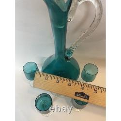 Vintage Empoli Teal Green Murano Hand Blown Italia Decanter & 4Glass Set 15.5T
