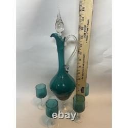 Vintage Empoli Teal Green Murano Hand Blown Italia Decanter & 4Glass Set 15.5T
