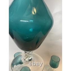Vintage Empoli Teal Green Murano Hand Blown Italia Decanter & 4Glass Set 15.5T
