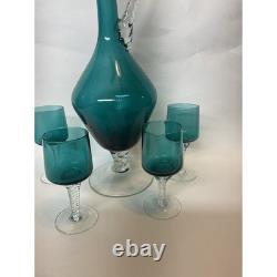 Vintage Empoli Teal Green Murano Hand Blown Italia Decanter & 4Glass Set 15.5T