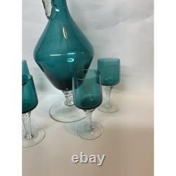 Vintage Empoli Teal Green Murano Hand Blown Italia Decanter & 4Glass Set 15.5T