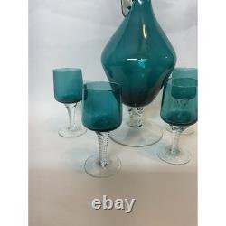 Vintage Empoli Teal Green Murano Hand Blown Italia Decanter & 4Glass Set 15.5T