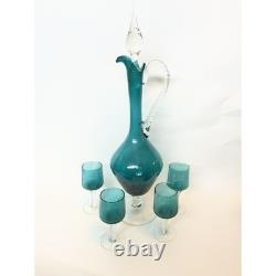 Vintage Empoli Teal Green Murano Hand Blown Italia Decanter & 4Glass Set 15.5T