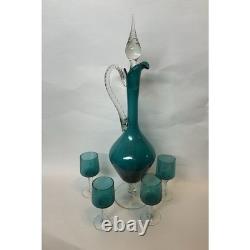 Vintage Empoli Teal Green Murano Hand Blown Italia Decanter & 4Glass Set 15.5T