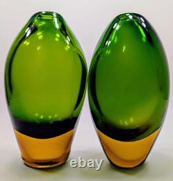 Vintage Hand Blown 1950'S Murono Flovio Poli Green & Amber Vases Pair #12
