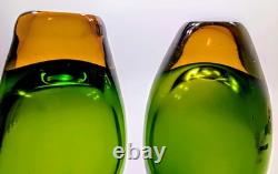 Vintage Hand Blown 1950'S Murono Flovio Poli Green & Amber Vases Pair #12