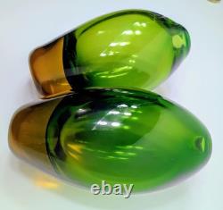 Vintage Hand Blown 1950'S Murono Flovio Poli Green & Amber Vases Pair #12