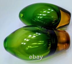 Vintage Hand Blown 1950'S Murono Flovio Poli Green & Amber Vases Pair #12