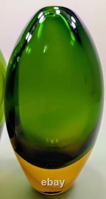Vintage Hand Blown 1950'S Murono Flovio Poli Green & Amber Vases Pair #12
