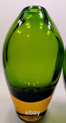 Vintage Hand Blown 1950'S Murono Flovio Poli Green & Amber Vases Pair #12
