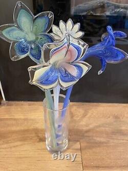 Vintage Hand Blown Art Glass Flowers Lot Long Stem Multicolored Bouquet Murano