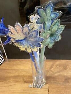 Vintage Hand Blown Art Glass Flowers Lot Long Stem Multicolored Bouquet Murano