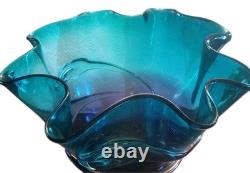 Vintage Hand Blown Art Glass Murano Style Centerpiece Bowl Ruffled Blue Teal 12