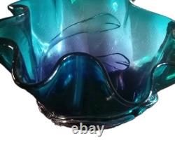 Vintage Hand Blown Art Glass Murano Style Centerpiece Bowl Ruffled Blue Teal 12
