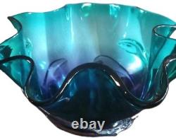 Vintage Hand Blown Art Glass Murano Style Centerpiece Bowl Ruffled Blue Teal 12