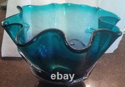 Vintage Hand Blown Art Glass Murano Style Centerpiece Bowl Ruffled Blue Teal 12