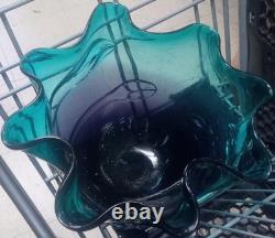 Vintage Hand Blown Art Glass Murano Style Centerpiece Bowl Ruffled Blue Teal 12