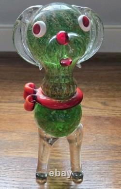 Vintage Hand Blown Glass Dog Figure Murano Style Green Red Gold