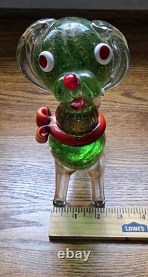 Vintage Hand Blown Glass Dog Figure Murano Style Green Red Gold