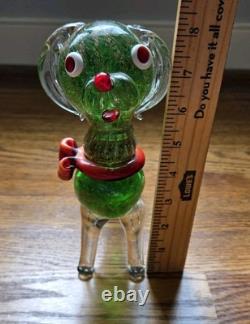 Vintage Hand Blown Glass Dog Figure Murano Style Green Red Gold