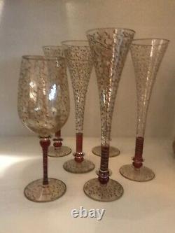 Vintage Hand Blown / Hand Decorated Murano Gold / Red Flash Champagne Flutes