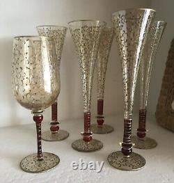 Vintage Hand Blown / Hand Decorated Murano Gold / Red Flash Champagne Flutes