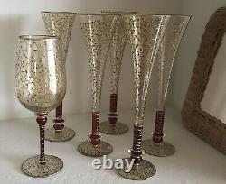 Vintage Hand Blown / Hand Decorated Murano Gold / Red Flash Champagne Flutes