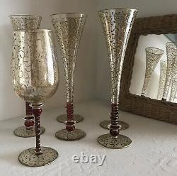 Vintage Hand Blown / Hand Decorated Murano Gold / Red Flash Champagne Flutes