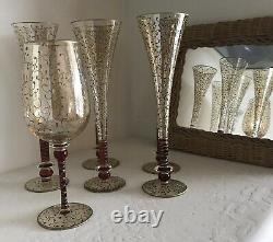 Vintage Hand Blown / Hand Decorated Murano Gold / Red Flash Champagne Flutes