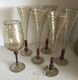 Vintage Hand Blown / Hand Decorated Murano Gold / Red Flash Champagne Flutes