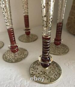 Vintage Hand Blown / Hand Decorated Murano Gold / Red Flash Champagne Flutes