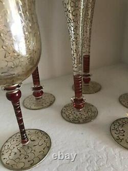 Vintage Hand Blown / Hand Decorated Murano Gold / Red Flash Champagne Flutes