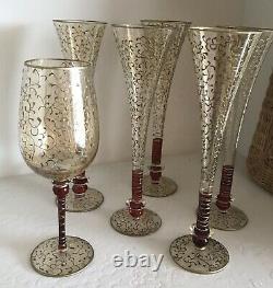 Vintage Hand Blown / Hand Decorated Murano Gold / Red Flash Champagne Flutes