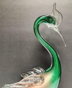 Vintage Hand Blown MURANO Glass Green & Gold Fleck BIRD Figurine 11 1/4 ITALY