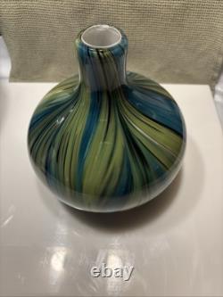 Vintage Hand Blown Mid-Centry Murano Blue Green Black Swirl Vase
