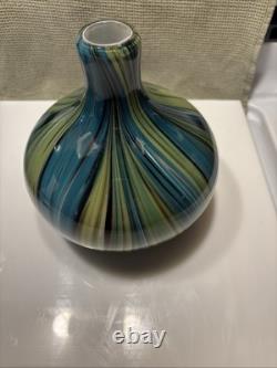 Vintage Hand Blown Mid-Centry Murano Blue Green Black Swirl Vase
