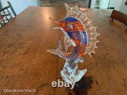 Vintage Hand Blown Murano Art Glass Blue / Orange Sail Fish Figurine